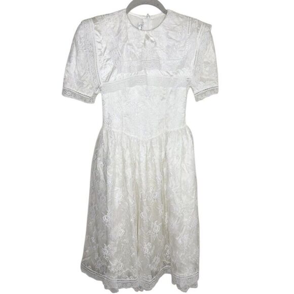 Jessica McClintock Gunne Sax Lace Satin Prairie Dress Tie Back Vintage Size 8 - Picture 1 of 7